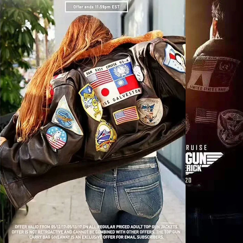 Top Gun G1 Bomber Jacken braun schwarz Stickerei Logo klassische Tom Cruise Motorrad Mantel Lamm kragen für Männer Kuhhaut Mantel – Detail 6