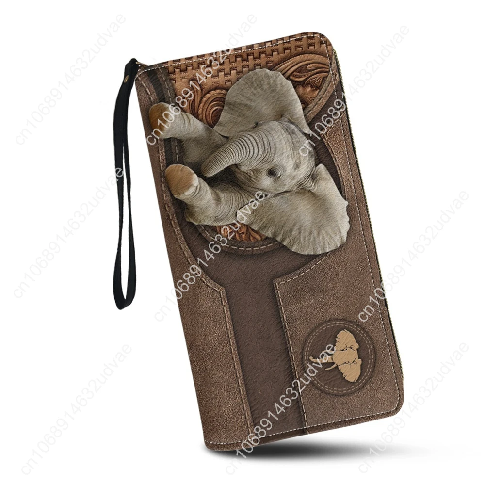 Designer Luxury PU Leather Purse with Zipper Cute Elephant Print Long Women Clutch WalletS Portable Female Card Holder Coin Bags