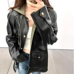 2023 Autumn and Winter New Genuine Sheepskin Leather Jacket Hooded Casual Workwear Reversible Leather Jacket E90