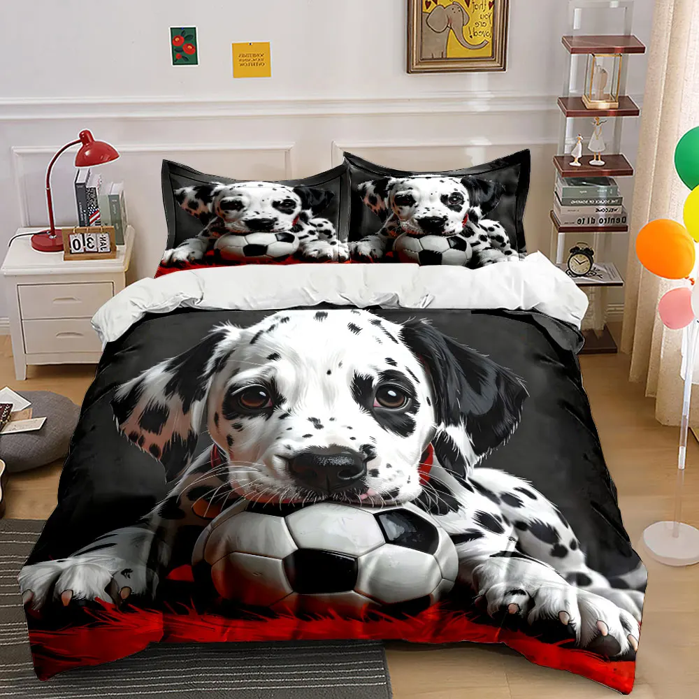Dalmatian Puppy with Soccer Ball Print Bedding Set 1 Duvet Cover 2 Pillowcases for Adult and Children Luxury Gift Full Size