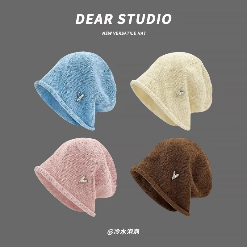 Japanese Simple Love Small Standard Design Crimping Stack Hat Women Spring and Autumn Crimping Big Head Knitted Skull Beanie Cap