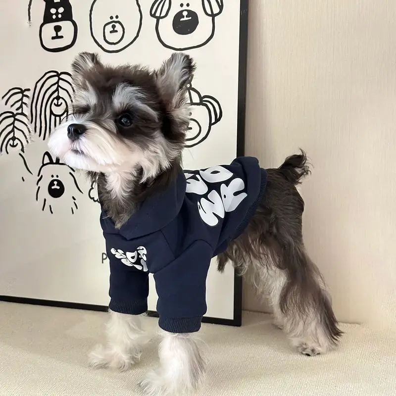 Navy Blue Hoodie Dog Clothes Letter Print Design Simple Small Dogs Clothing Cat Fashion Comfortable Warm Pet Items Wholesale