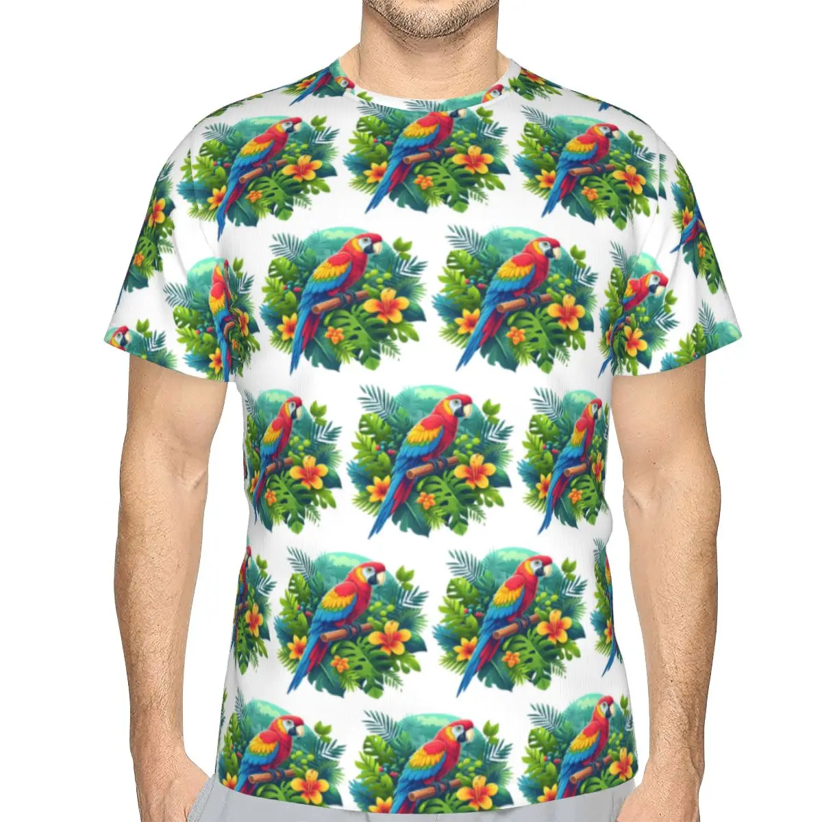 100% Cotton Colorful Tropical Parrot With Flowers Print T-Shirt Men's Fashion T Shirt Men Round Neck Summer Shirts Tops