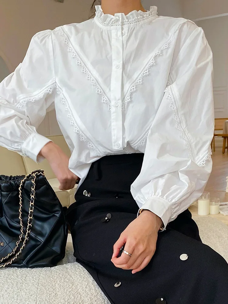 GypsyLady French Lace Chic Blouse Shirt Elegant White Cotton Long Sleeve Spring Autumn Women Casual Ladies Top Shirts Blusa New