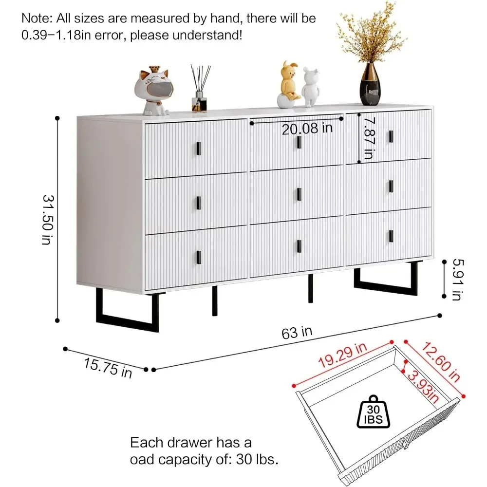 Dresser 9 Drawer for Bedroom,Deep Drawers,Wide Storage Organizer Cabinet 15.75