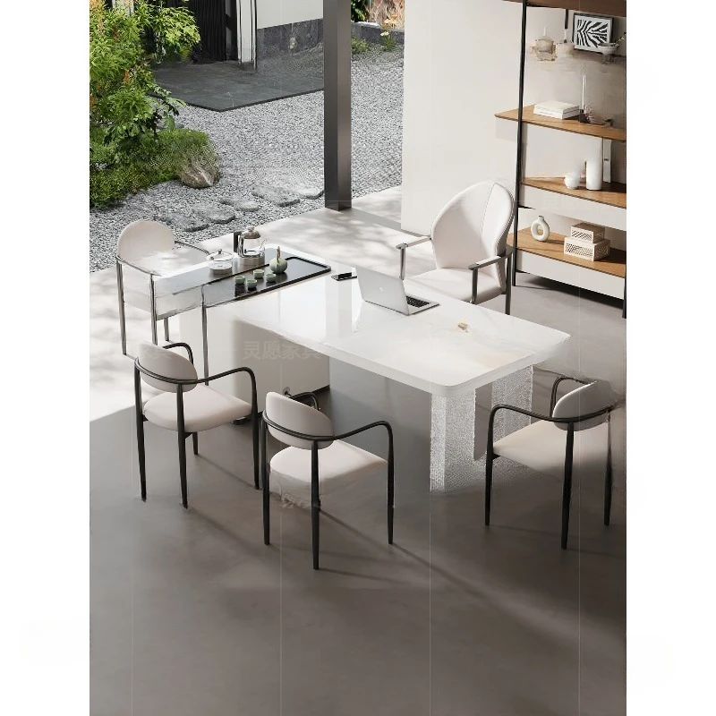 

Cream wind rock board tea table and chair combination light luxury modern high-end tea table office integration