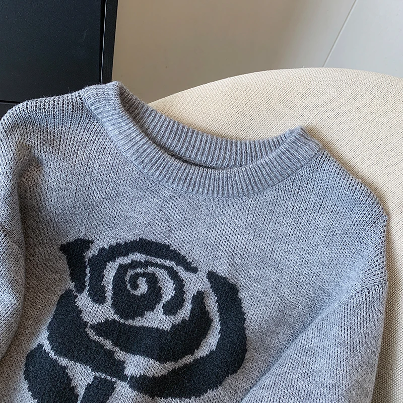 Women Grey Rose Pattern Knit Pullover O-Neck Long Sleeve Sweater Harajuku Vintage Y2k Ladies Cashmere Sweater 2000s Clothes 2025