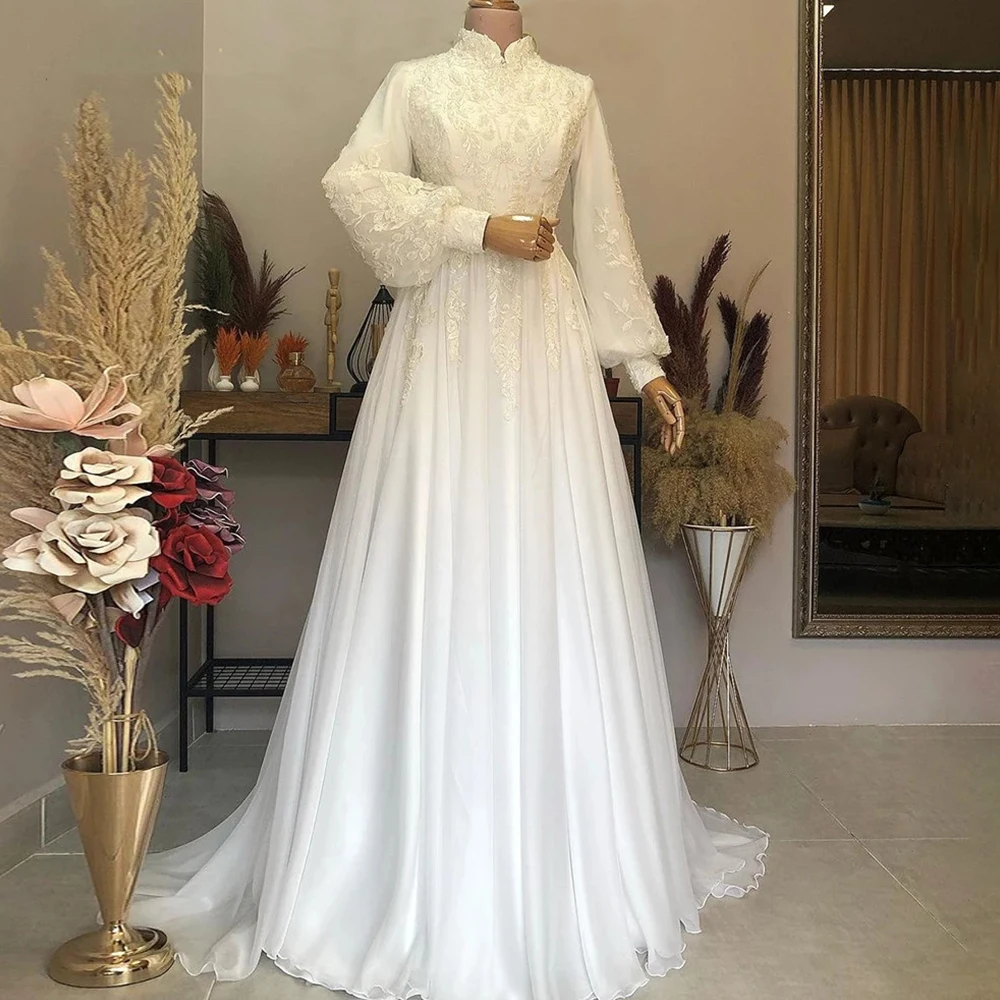 Customized Wedding Dresses High Neck Lace Applique Marriage Bridal Gown Moroccan Full Sleeves Lady Formal Outfits White Ivory