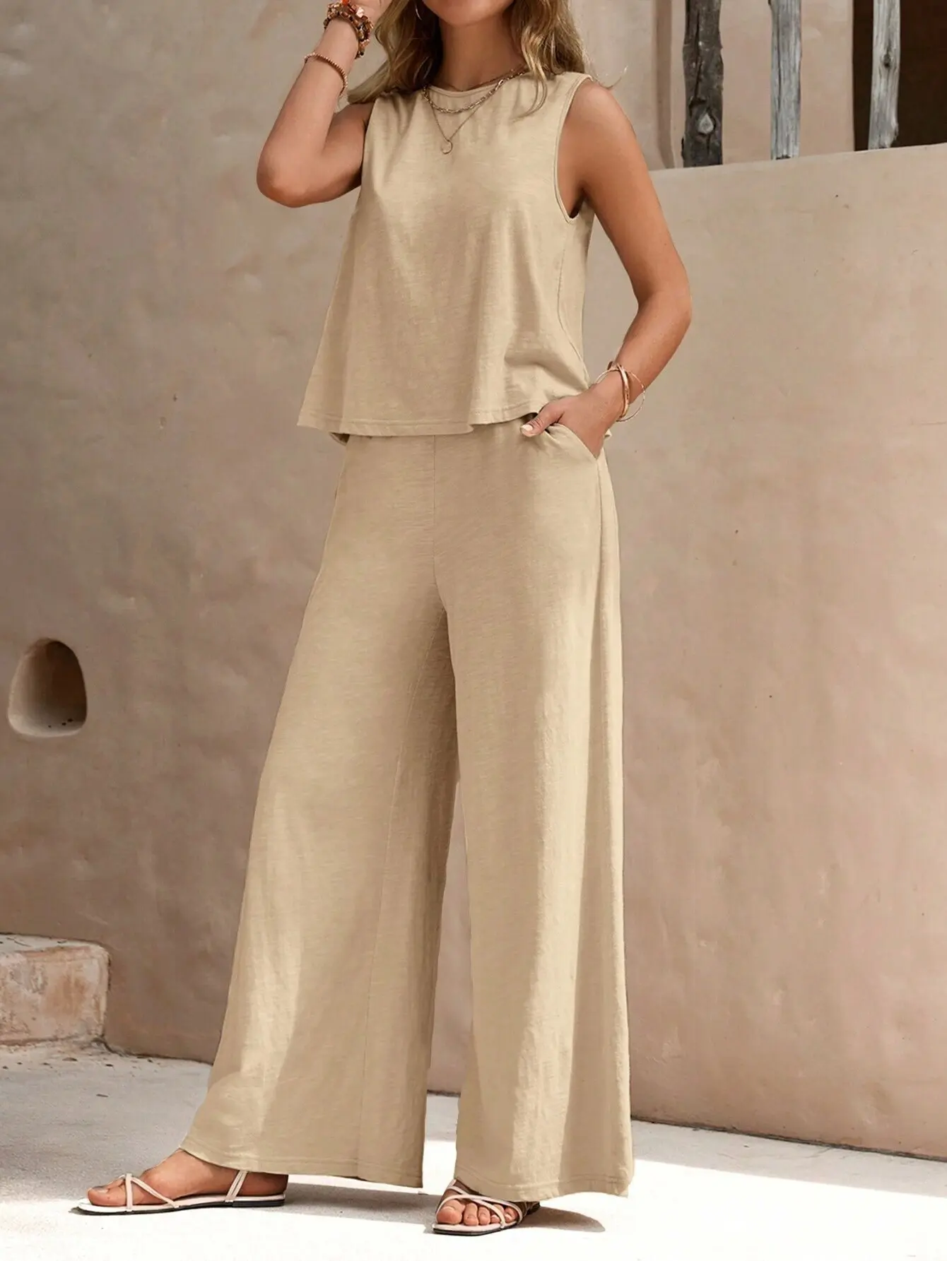 

Casual Solid Sleeveless Set Lady Elegant Round Neck Top Elastic Waist Straight Pant Two Piece Set 2024 Summer New Women Clothing