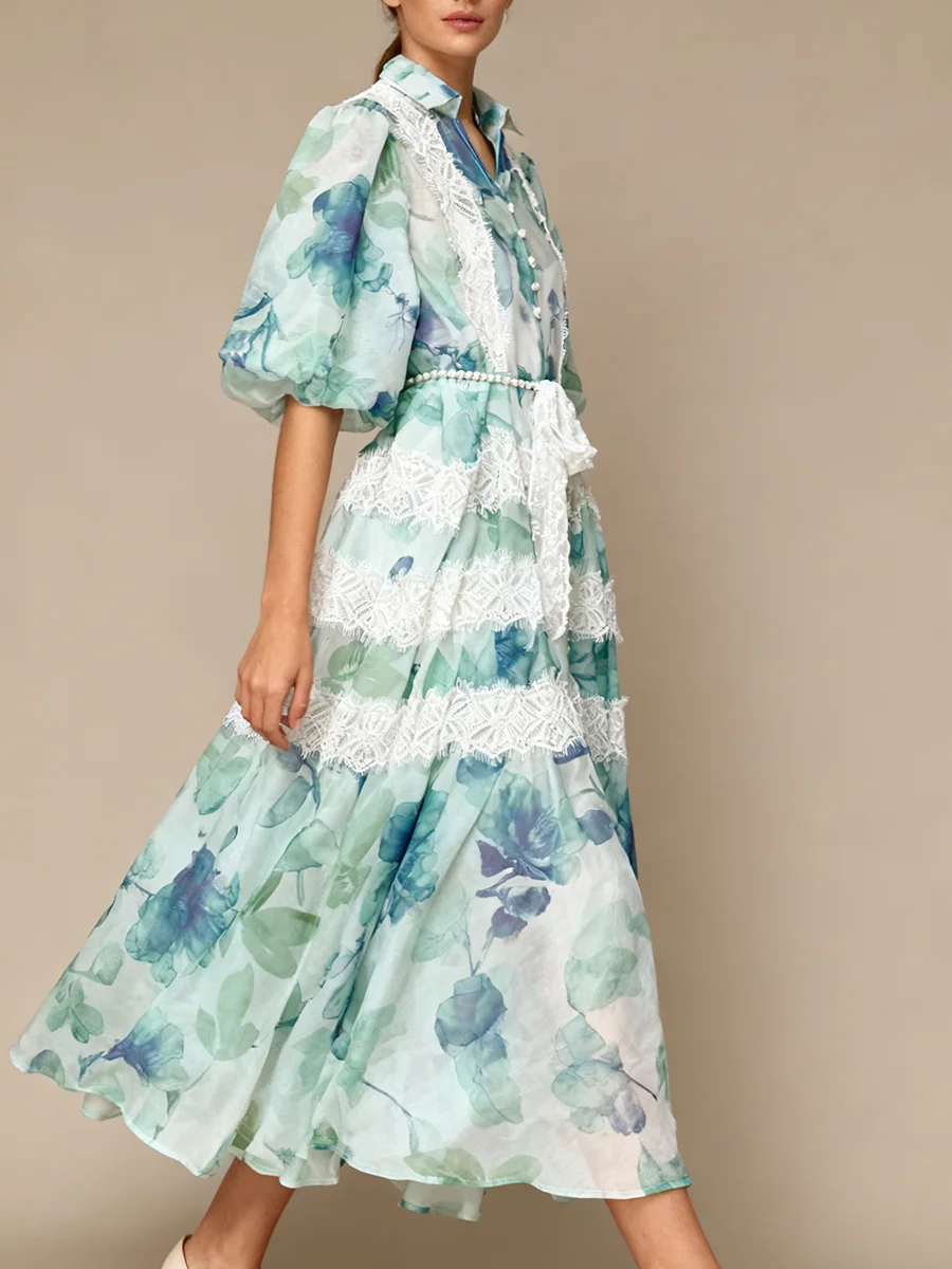 VGH Abito casual con stampa a catena di perle impiombate per donna Risvolto Manica lunga Manica a sbuffo Vita alta Abiti in maglia trasparente di pizzo Donna Nuovo