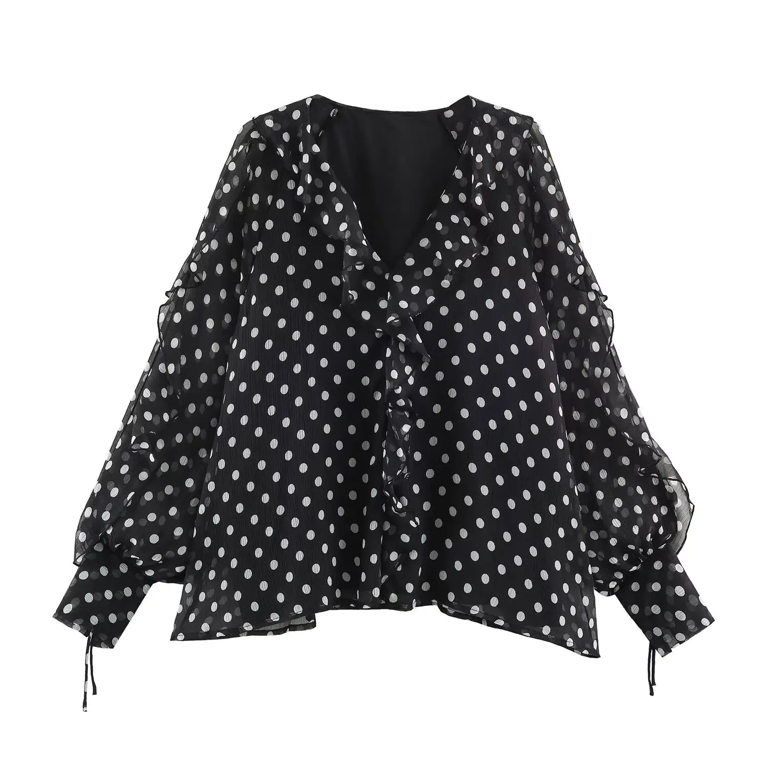 BSAY 2026 Herbst Vintage Polka Dot Damenbluse mit V-Ausschnitt, geschichtetem Rüschensaum, Laternenärmeln, Kordelzug am Ärmelbund und lässigem Schnitt – Detail 5