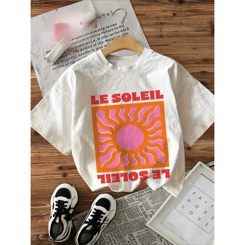 

Women's Retro Style Sun Text LE SOLEIL Printed Short Sleeved Round Neck T-shirt Casual and Fashionable Cotton Women's T-shirt