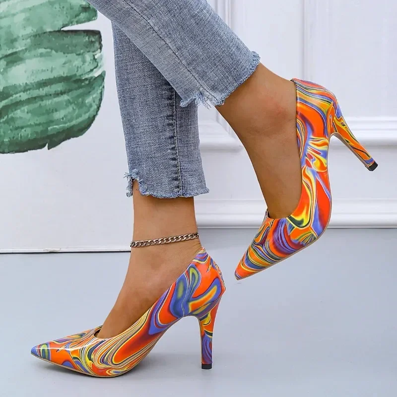 2024 Spring and Autumn Fashion Graffiti Large Shallow Mouth Shoes Pointed Colorful Versatile Women\'s High Heels Single Shoes