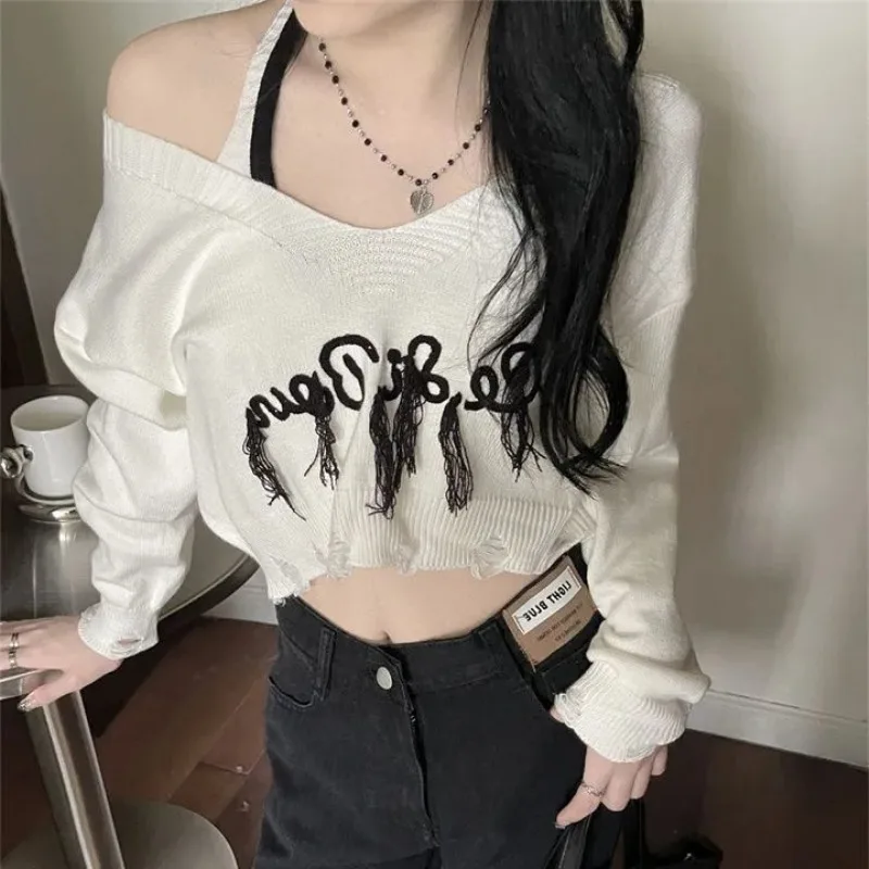 

Korean Streetwear Y2k Crop 2 Pieces Sets Top Women Harajuku Fashion Letter Oversize Sweater Grunge Off Shoulder Jumper