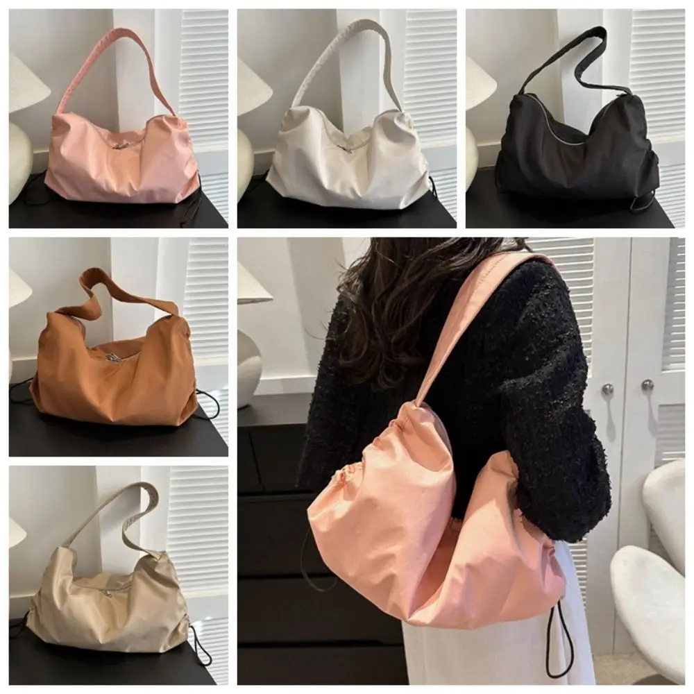 Waterproof Oxford Drawstring Shoulder Bag Solid Color Zipper Swimming Fitness Bag Handbag Shopping Bag