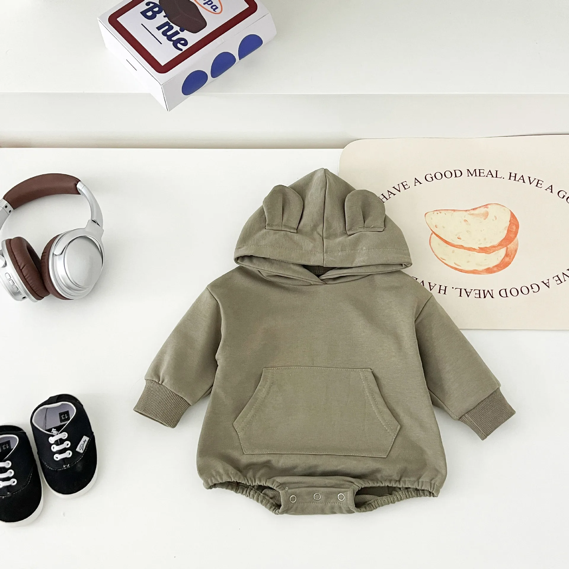 2026 Autumn New Baby Long Sleeve Casual Bodysuit Cotton Infant Boy Girl Bear Hooded Sweatshirt Jumpsuit Solid Newborn Clothes