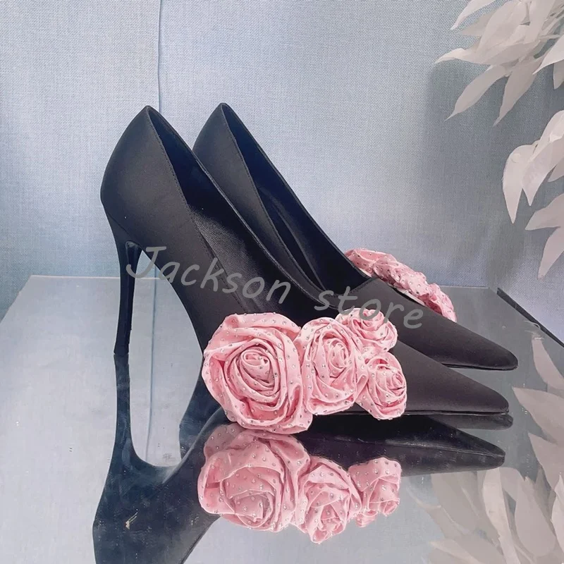 Elegant Pointed Toe Flower Decorated Women Pumps Stiletto Heel Retro Slip On Genuine Leather Dress Shoes Handmade Wedding Shoes