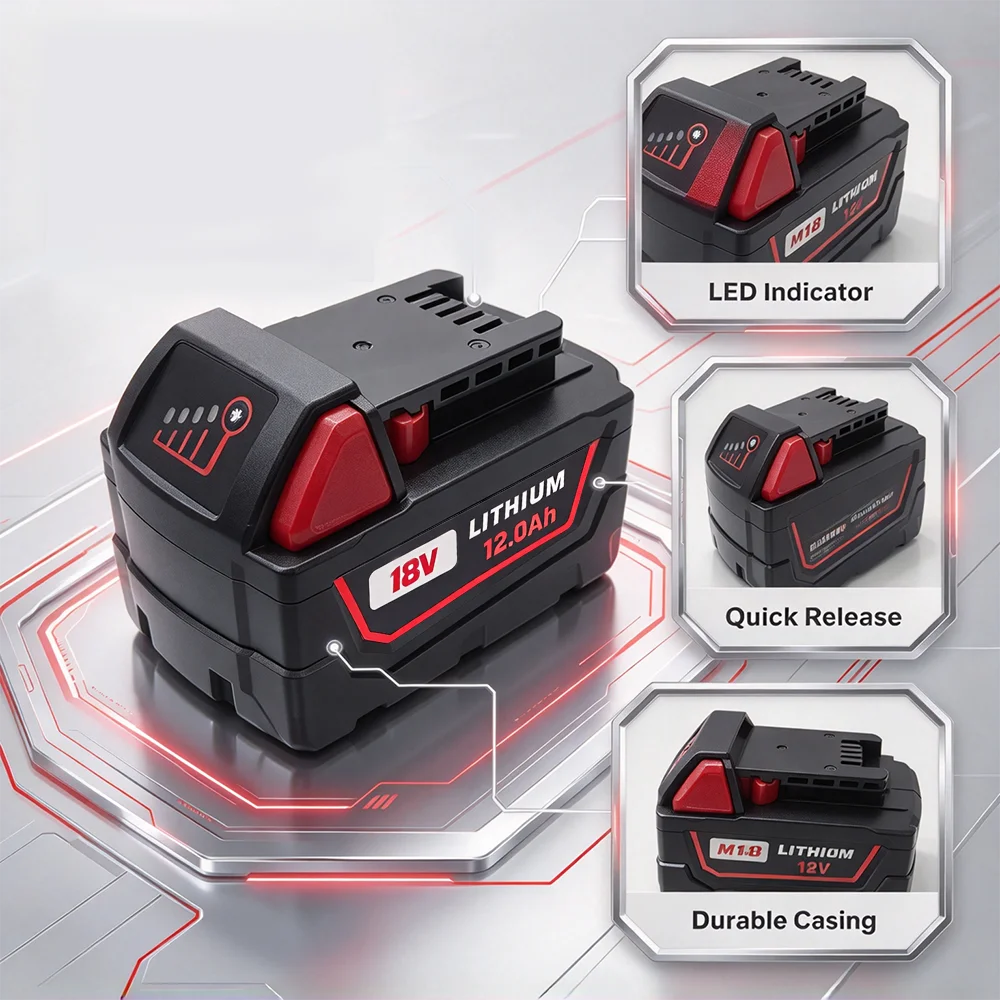 Neu 100% für Milwaukee M18 18V Elektrowerkzeug-Akku 12,0Ah 8,0Ah Wiederaufladbarer Ersatz-Lithium-Ionen-Akku mit 48-11-1860 48-11-1850 48-11-1840 12000mAh Große Kapazität 1/2/4 PACK – Detail 7