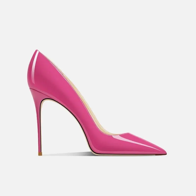 Rose red high-heeled shoes with new slim heels, pointed toes, shallow mouth, sexy patent leather, shallow mouth single shoes