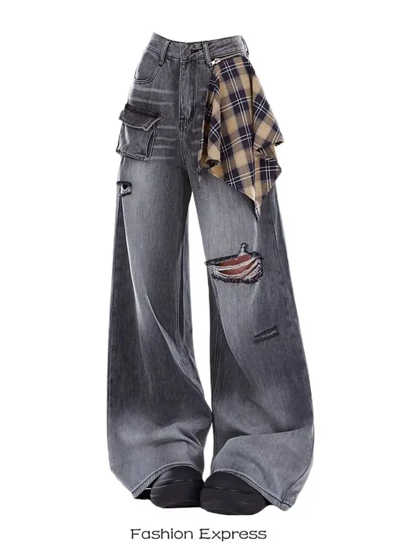 

Женские черные повседневные рваные джинсовые брюки Y2K High Street Harajuku, широкие джинсы, модный дизайн, уличная одежда Sensation