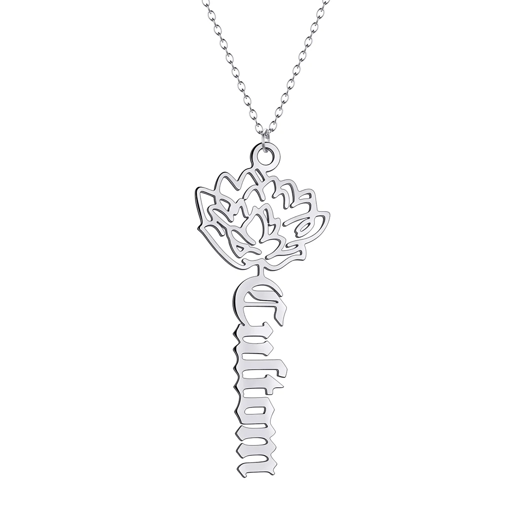 QIMING Personalised Lotus Flower Custom Name Pendant Necklace For Women Stainless Steel Jewelry Valentine's Day Gift