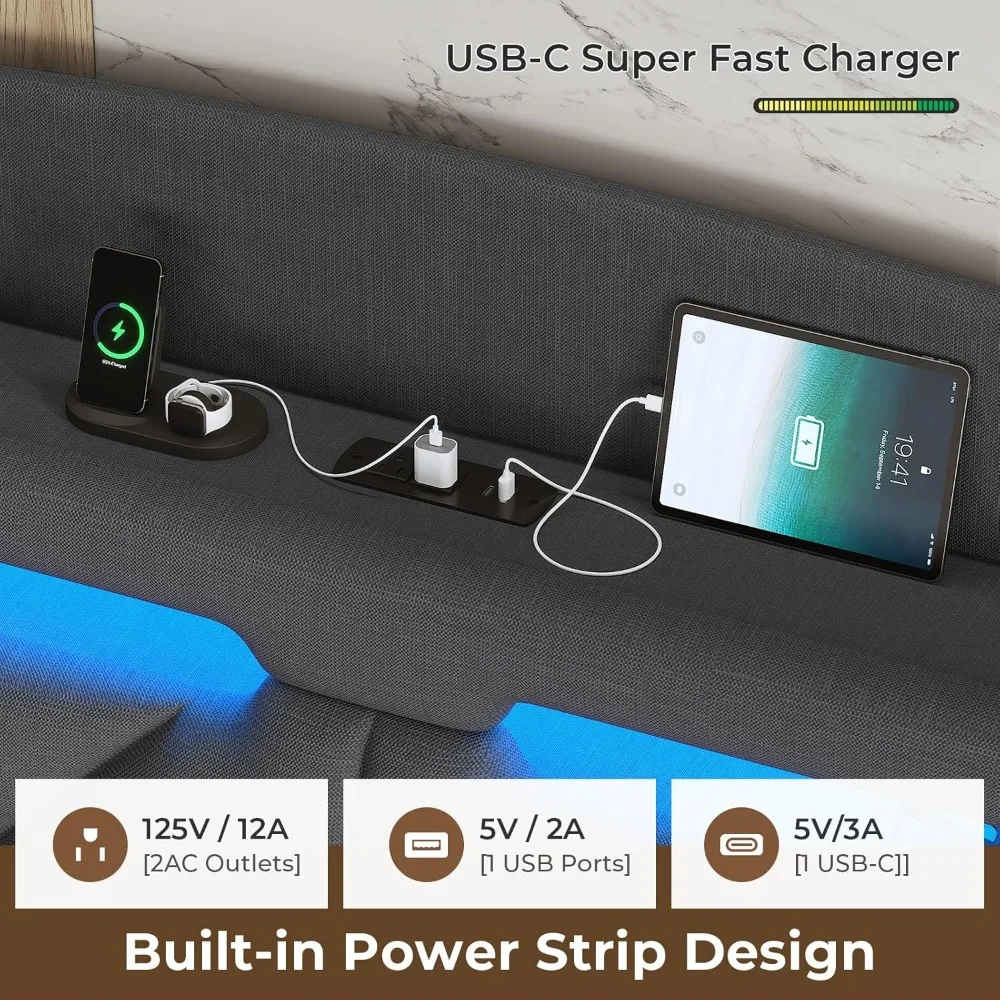 Full Size Floating Bed Frame LED Lights and Charging Station,Upholstered Platform Bed Frame with Storage Shelf Headboard