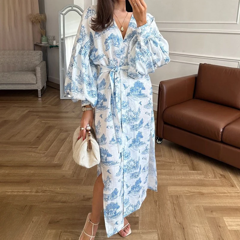 

Tornova Retro Ink Printed Cardigan Dress For Women Long Sleeve Lace Up Elegant Dress 2025 New Lady V Neck Slit Maxi Dress Female