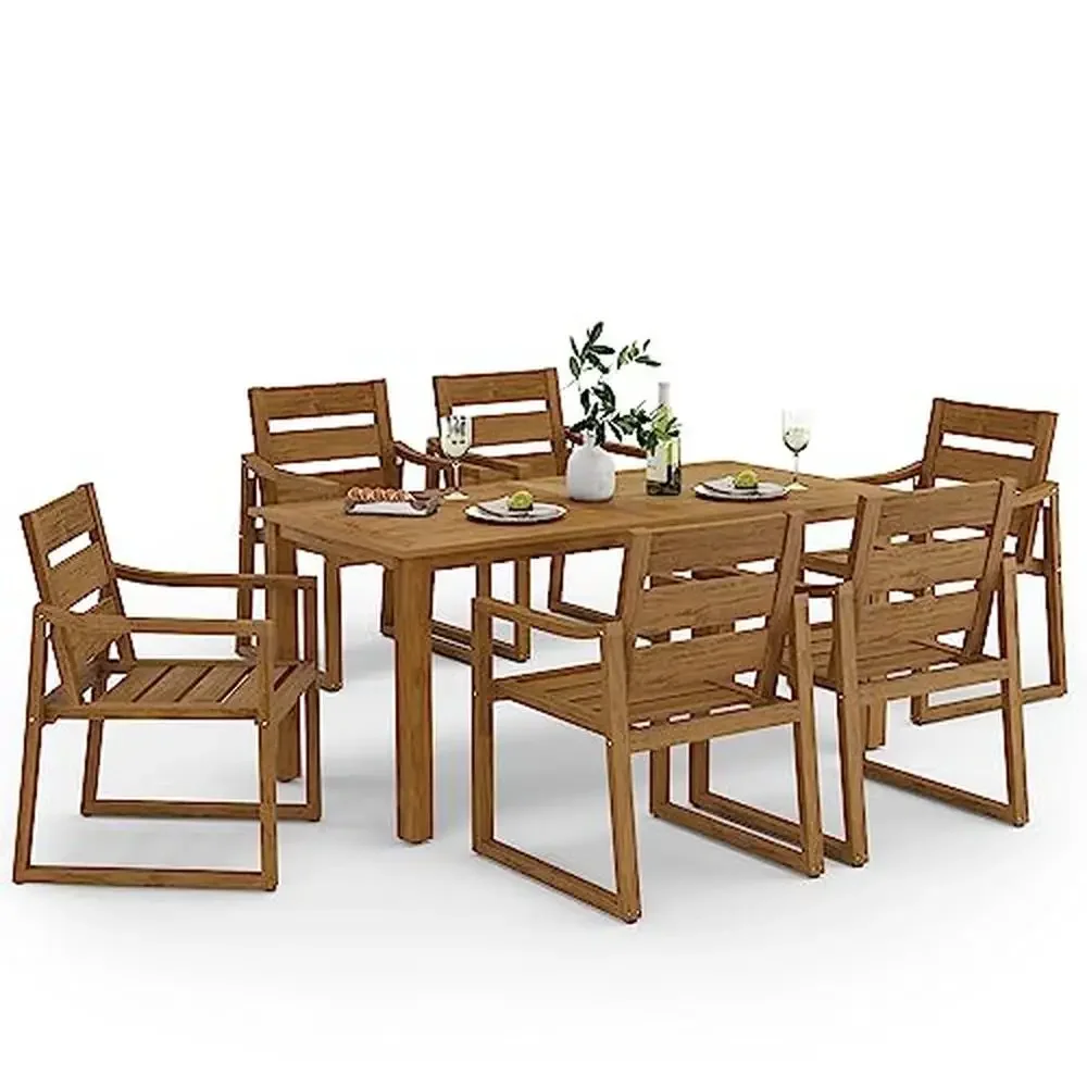 7-Piece HDPS Teak Color-Oil Printed Outdoor Dining Set Modern Design All-Weather Table and Chairs Low Maintenance Upgrade