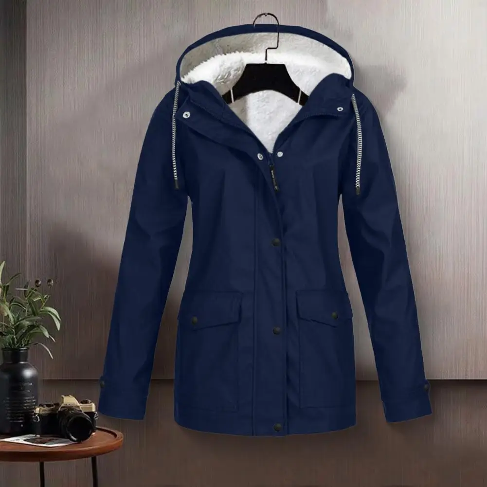 Women Winter Coat Fleece-lined Hooded Press Button Zipper Closure Outerwear Mid Length Plus Size Parka Warm Down Jacket
