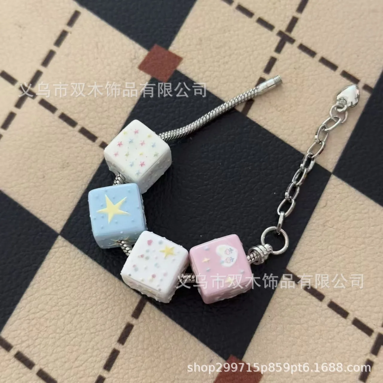 10pcs 14mm printed relief rainbow color star square bead DIY mobile phone chain bag trailer hanging keychain accessories