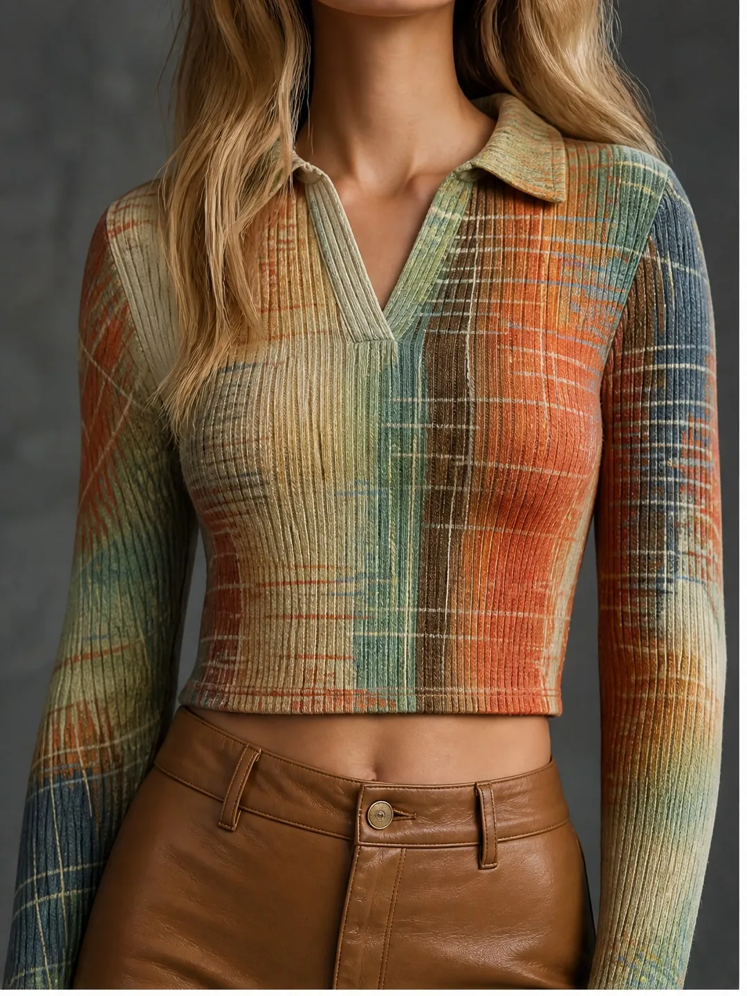 Trendy Womens Collared V Neck Ribbed Knit Crop Top Figure Flattering Long Sleeve Pullover for Polished Casual Looks Comfort Chic