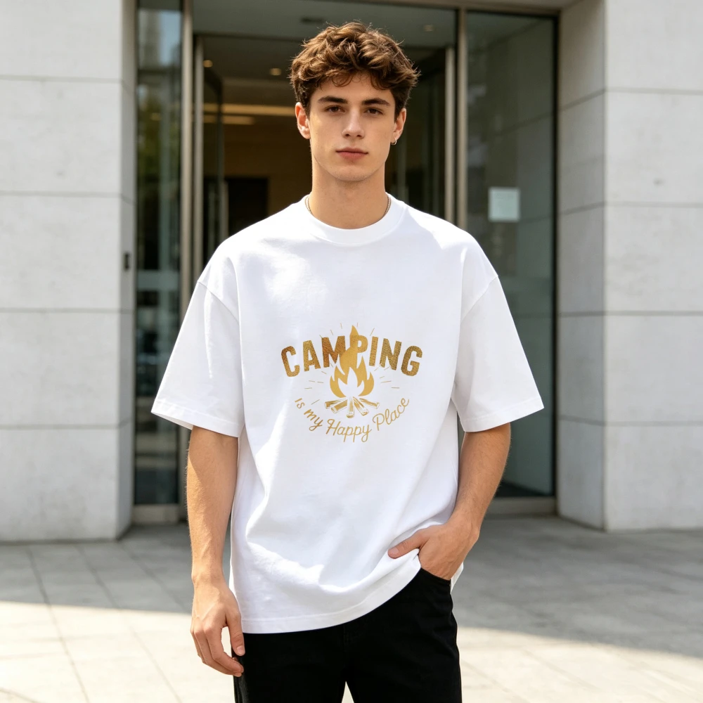 Men Camping Is My Happy Place Graphic T Shirt Campfire Bonfire Print Crew Neck Short Sleeve Tee Outdoor Hiking Adventure Casual