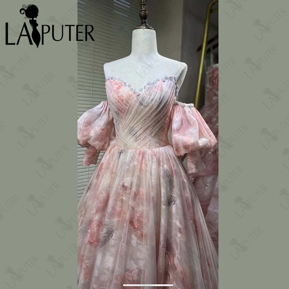 Floral Organza Puffy A line Prom Dress Off Shoulder Lantern Sleeves Crystal Edge Evening GownRuched Bodice Gilr Formal Gown 2024