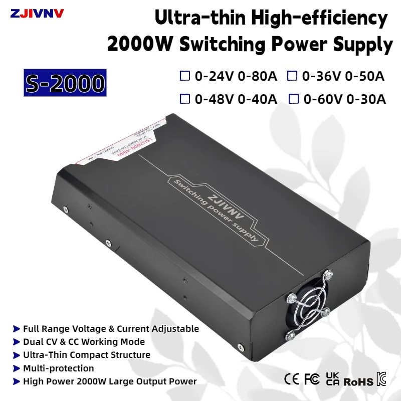 2000W Adjustable CV CC Switching Power Supply,220VAC Input,24V/36V/48V/60V Output,Ultra Thin,Multi-protection for Battery Charge