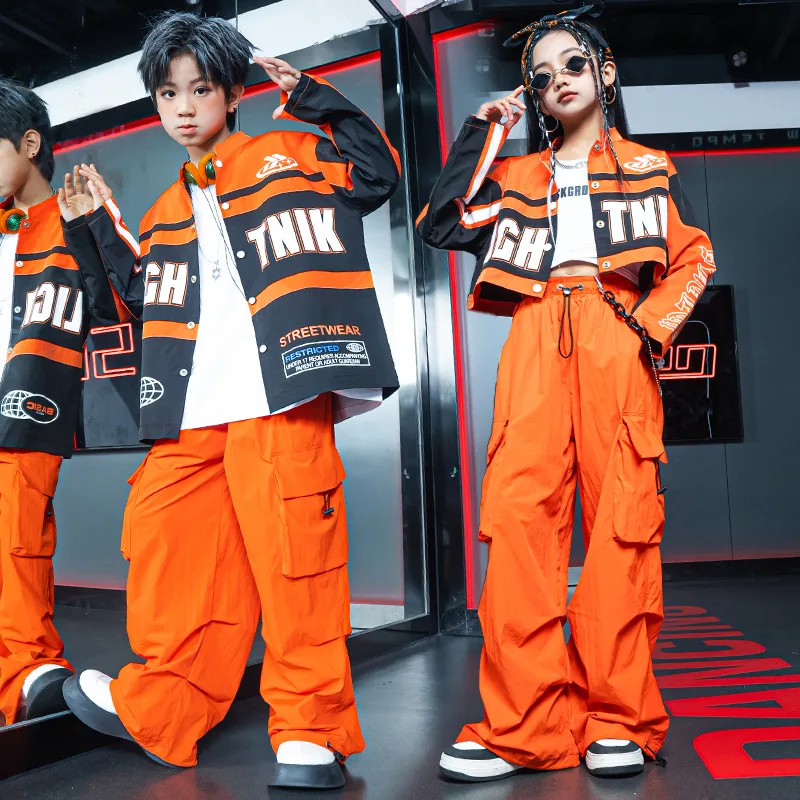 

Kids Hip-hop Jazz Dance Costumes Orang Print Snap Button Set Wide Pocket Cargo Pants for Girls Boys Jazz Dance Costumes Clothes