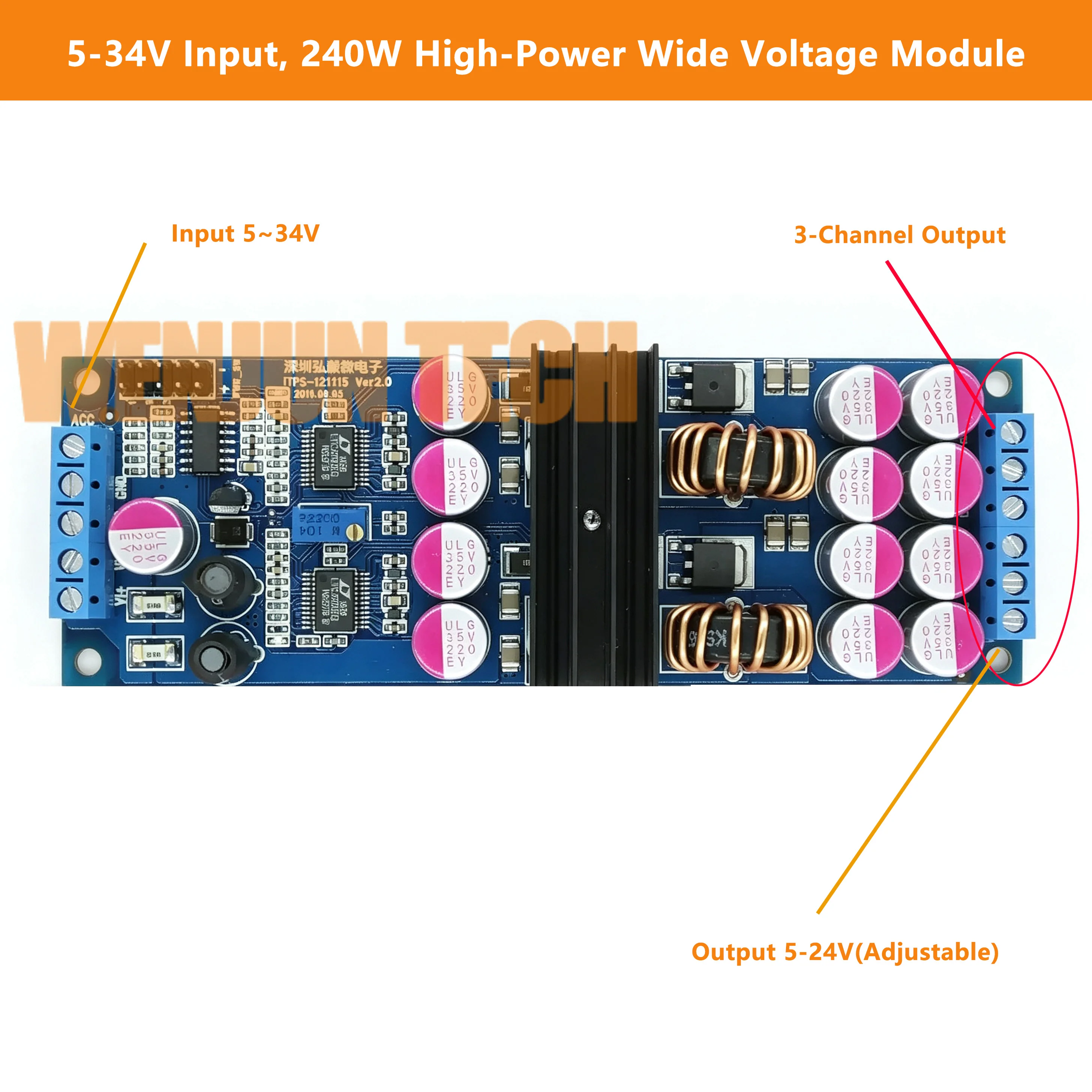 5-34V Input, 240W Automatic Buck-Boost Power Supply, Car Radio Power Supply, PC Power Supply, 12V 20A 240W