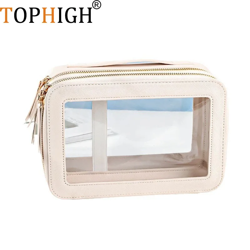 TOPHIGH Newly Double Zipper Layer Leather Makeup Organizer Toiletry Storage Bag Clear PVC Transparent Cosmetic Bag For Travel