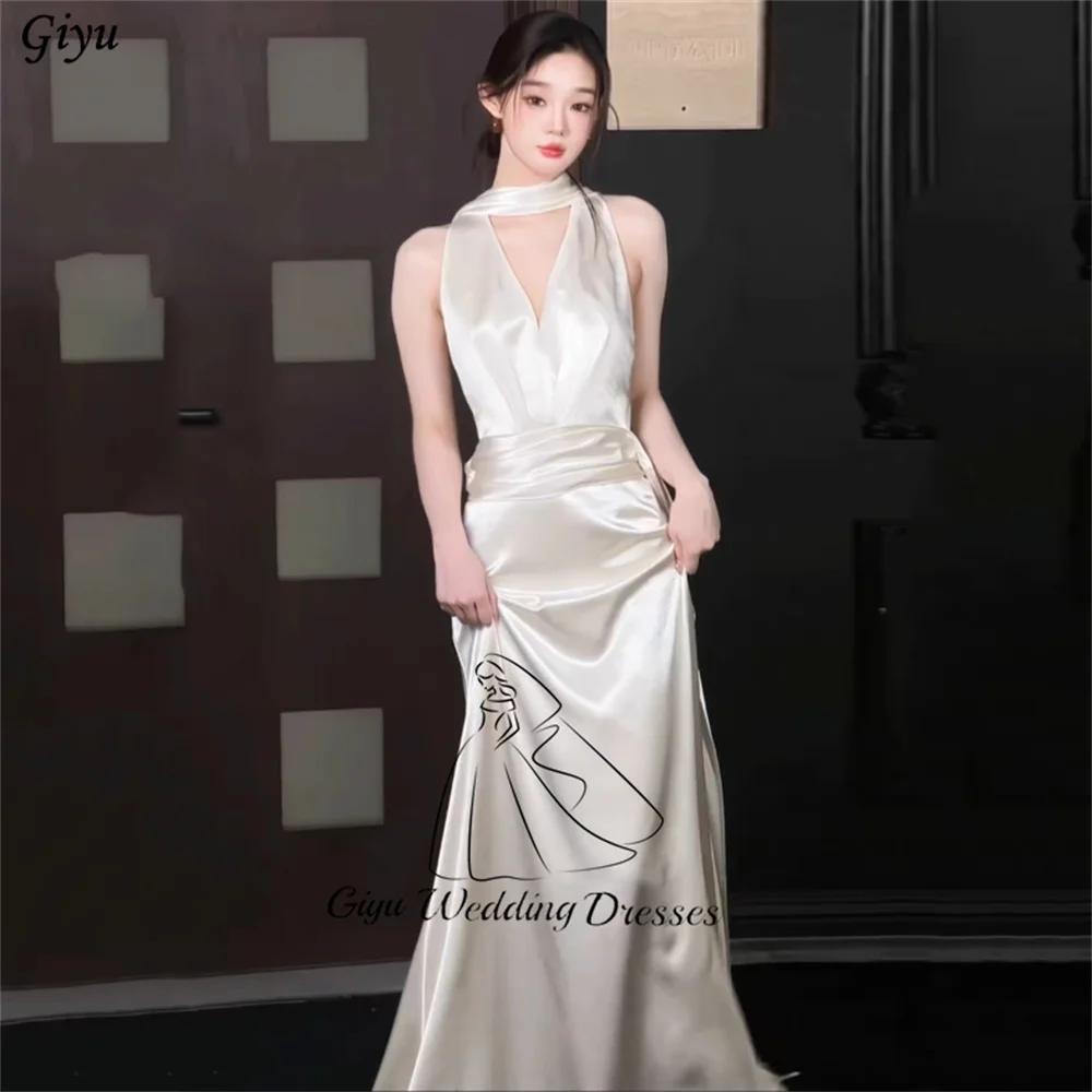 Giyu Deep V Neck New Satin Mermaid Korea Wedding Dress Photo Shoot Women Elegant Pleat Sleeveless Bridal Gown Customized