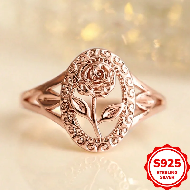 

Romantic and Elegant Authentic S925 Silver Rose Gold Hollow Rose Women's Ring Fashion Personality