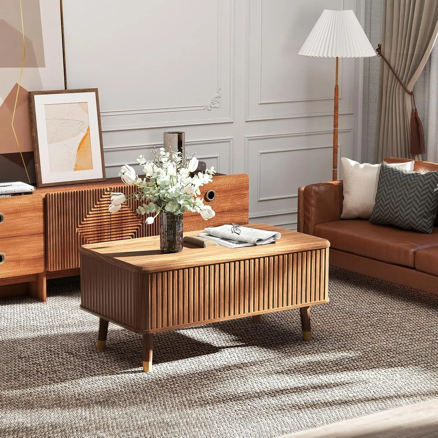 Lift-top coffee table with storage rack and concealed compartment
