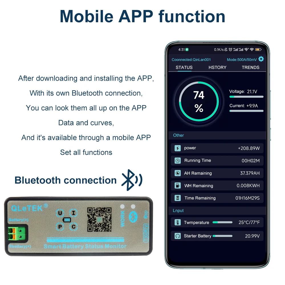 Imagem -02 - Coulomb Medidor com Bluetooth App Versão Monitor de Bateria Tensão Corrente Capacidade Poder Contador Kl500a 300a 500a