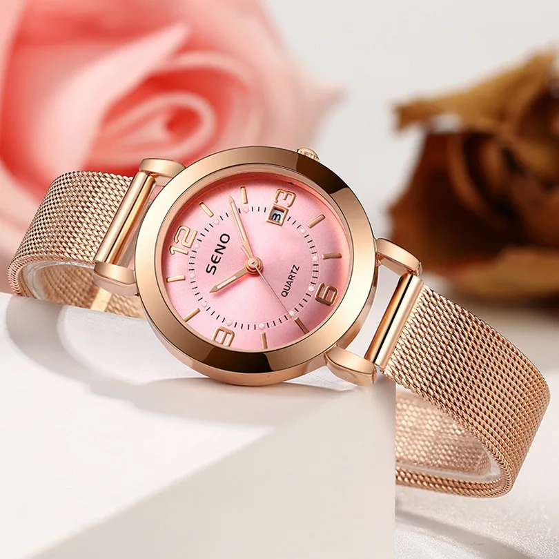 Women's Waterproof Quartz Watch with Luminous Milanese Mesh Strap Korean Style Fashion Dual Calendar Dress Wristwatch