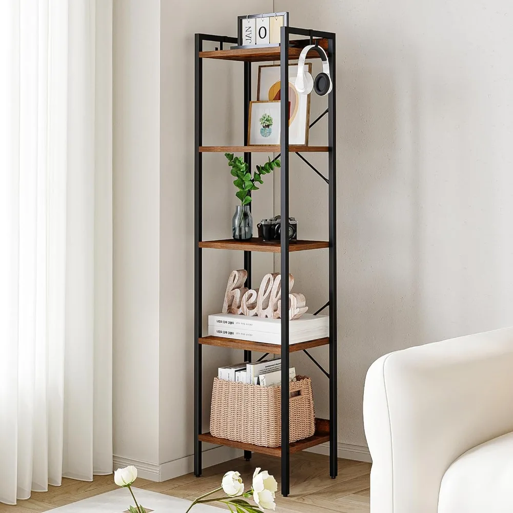 Bookshelf, 5-Tier Narrow Book Shelf, Industrial Bookcase with 2 Hooks,Etagere Coner Shelf Storage Organizer