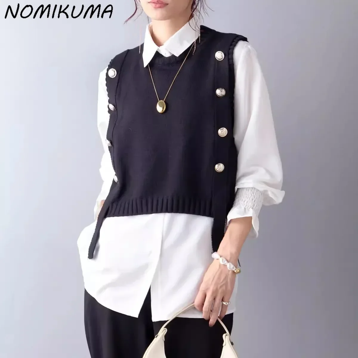 Nomikuma 2024 New Japanese Women's Two-piece Set Knitted Solid Buttons Ribbon Pullover Vest + White Shirt Outfits