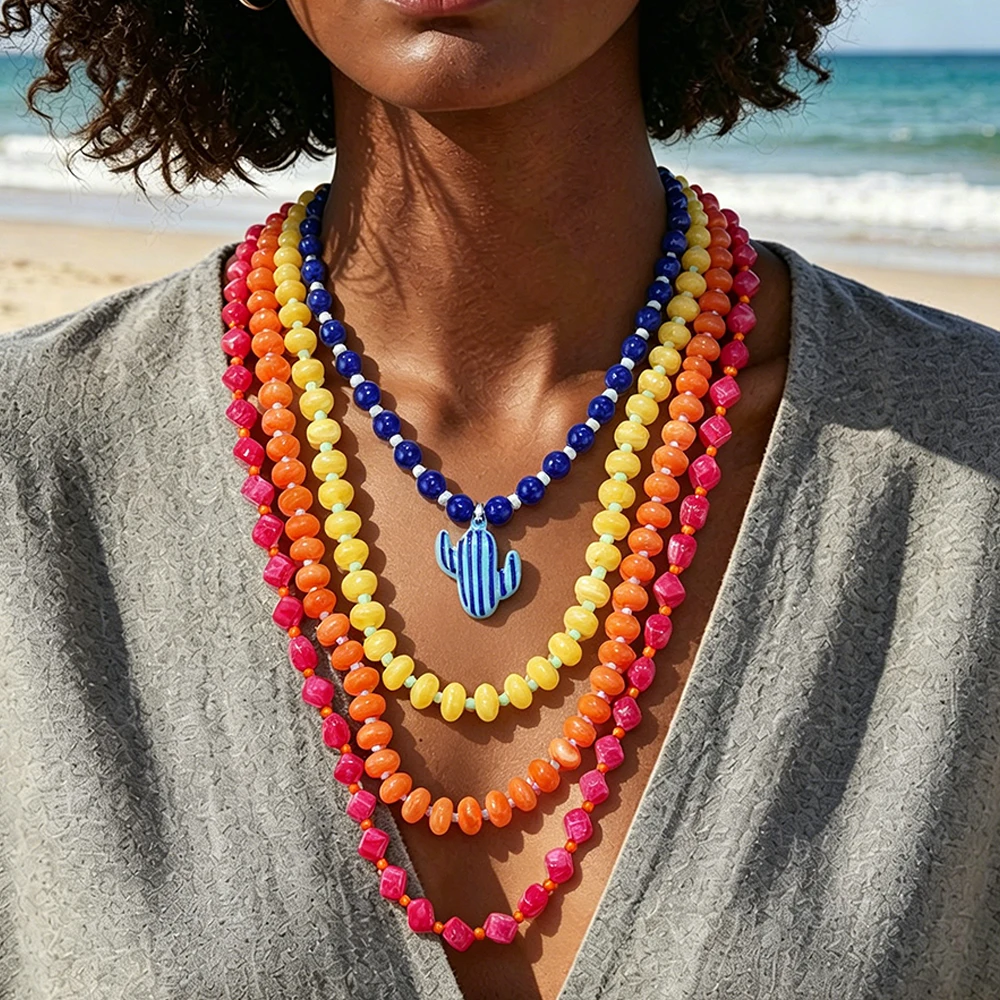 Colares Choker de Resina Multicoloridos em Camadas Estilo Vintage Boêmio para Mulheres, Joias de Moda, Acessórios para Festas de Verão na Praia