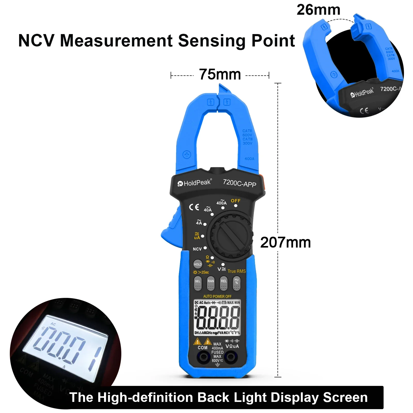 

HoldPeak HP-7200C-APP Clamp Meter Multimeter 4000 counts with Smartphone APP,AC/DC TRUE-RMS LCD Display Lamp Light Data Hold