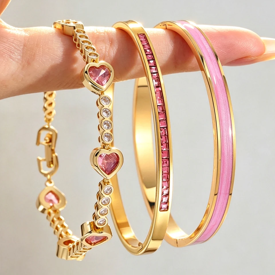 Luxury 1/3 Pieces Jewelry Set For Women Heart Bracelet Zircon Bangle Enamel Bangle Stackable Wedding Party Fashion Jewelry Gift