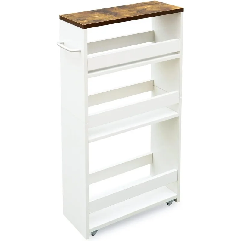 

4Tier White Slim Storage Cart with Handle,Slide Out Storage Rolling Utility Cart Mobile Shelving Unit Organizer Trolley-5-1/2''W