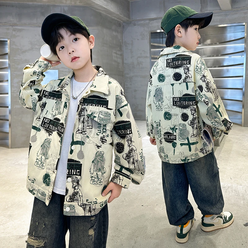 Child Stylish Spring Autumn Beige Denim Jacket Drawings for Teens Boy High Fashion Streetwear Outfit Kids Design Denim Coat 5-14