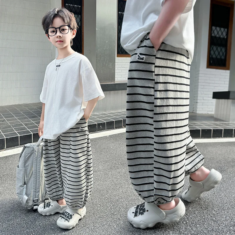 

Baby Boy Summer Trousers Boys Bite-Proof Hiking Mosquito Pants Child Loose Trousers Toddler Classical Striped Pants Age 2-11Y